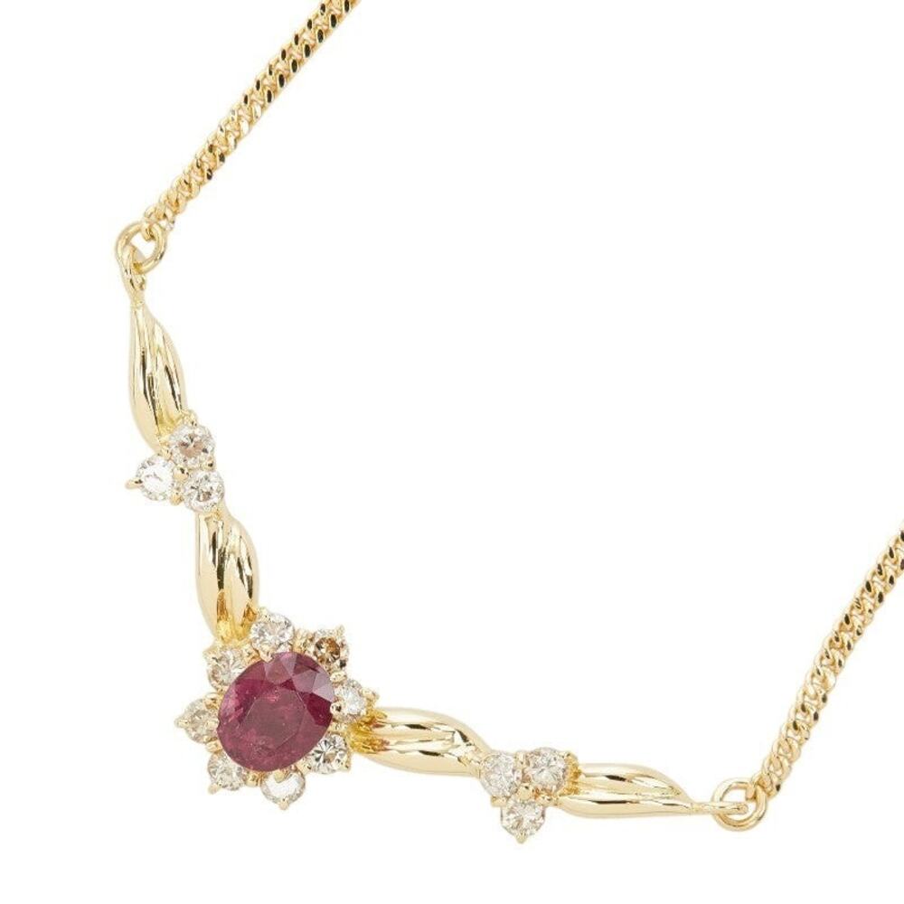 K18YG Yellow Gold Ruby 0.71ct Diamond 0.37ct Flower Motif Pendant Necklace Gold